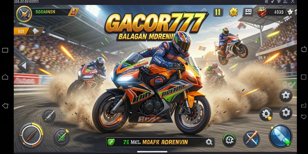 Screenshot menunjukkan gameplay balapan motor yang intens dan mendebarkan.