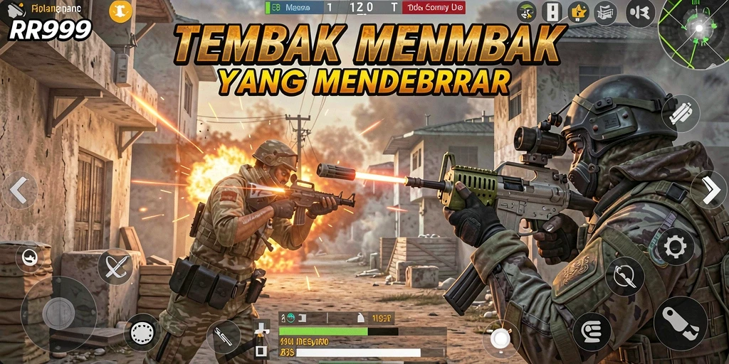 Screenshot utama gameplay RR999 menampilkan aksi tembak menembak yang mendebarkan.